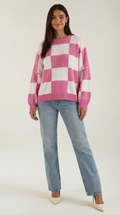 Oversized Checkered Sweater-sweaters > oversized sweater-Laventaire-Pink-S-Laventaire