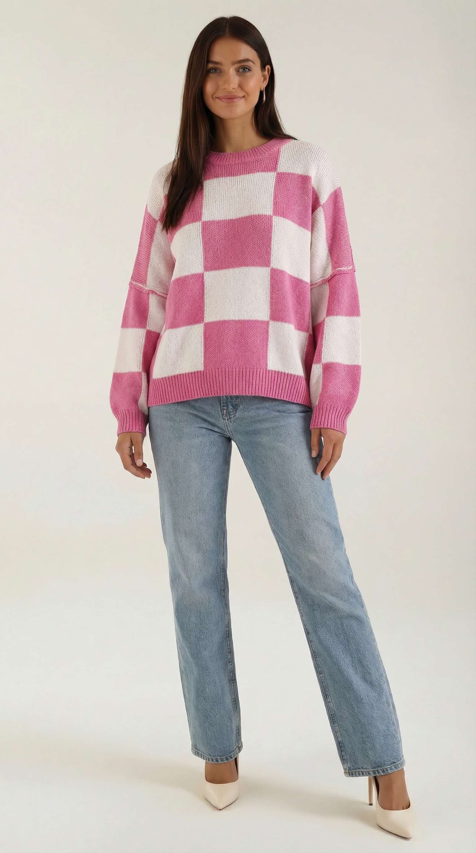 Oversized Checkered Sweater-sweaters > oversized sweater-Laventaire-Pink-S-Laventaire