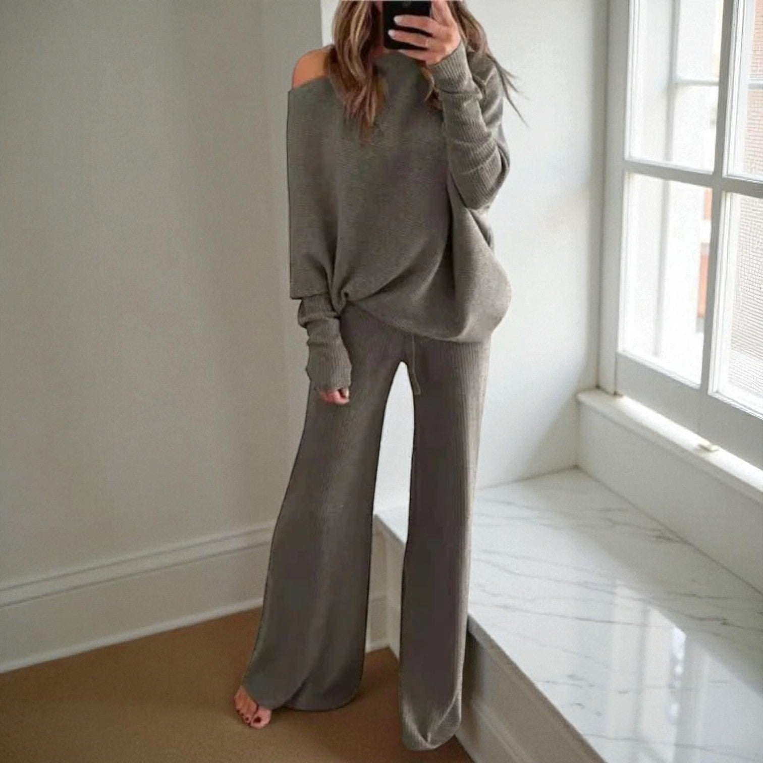 Oversized Fit Lounge Set-loungewear > lounge set-Laventaire-Gray-S-Laventaire