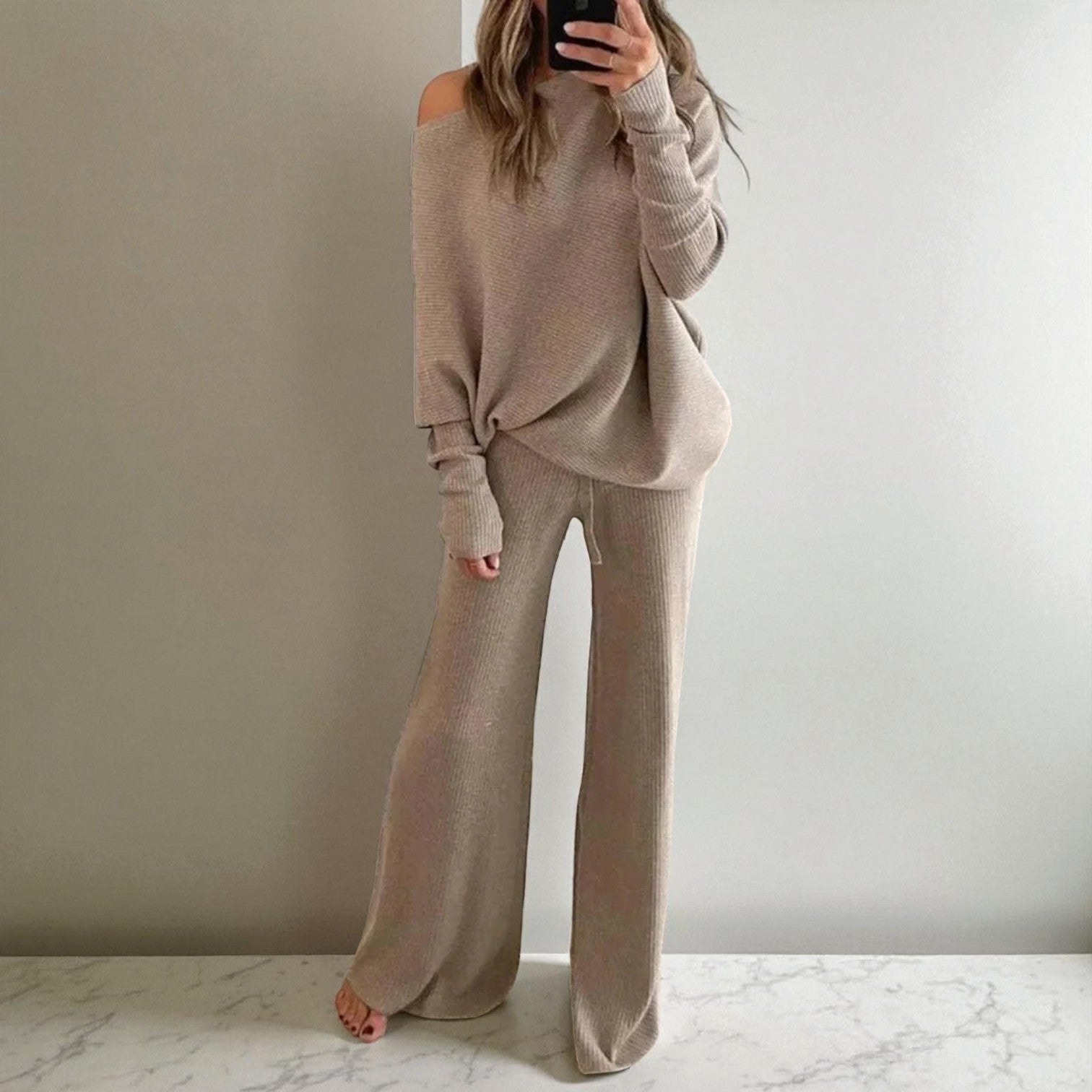Oversized Fit Lounge Set-loungewear > lounge set-Laventaire-Khaki-S-Laventaire