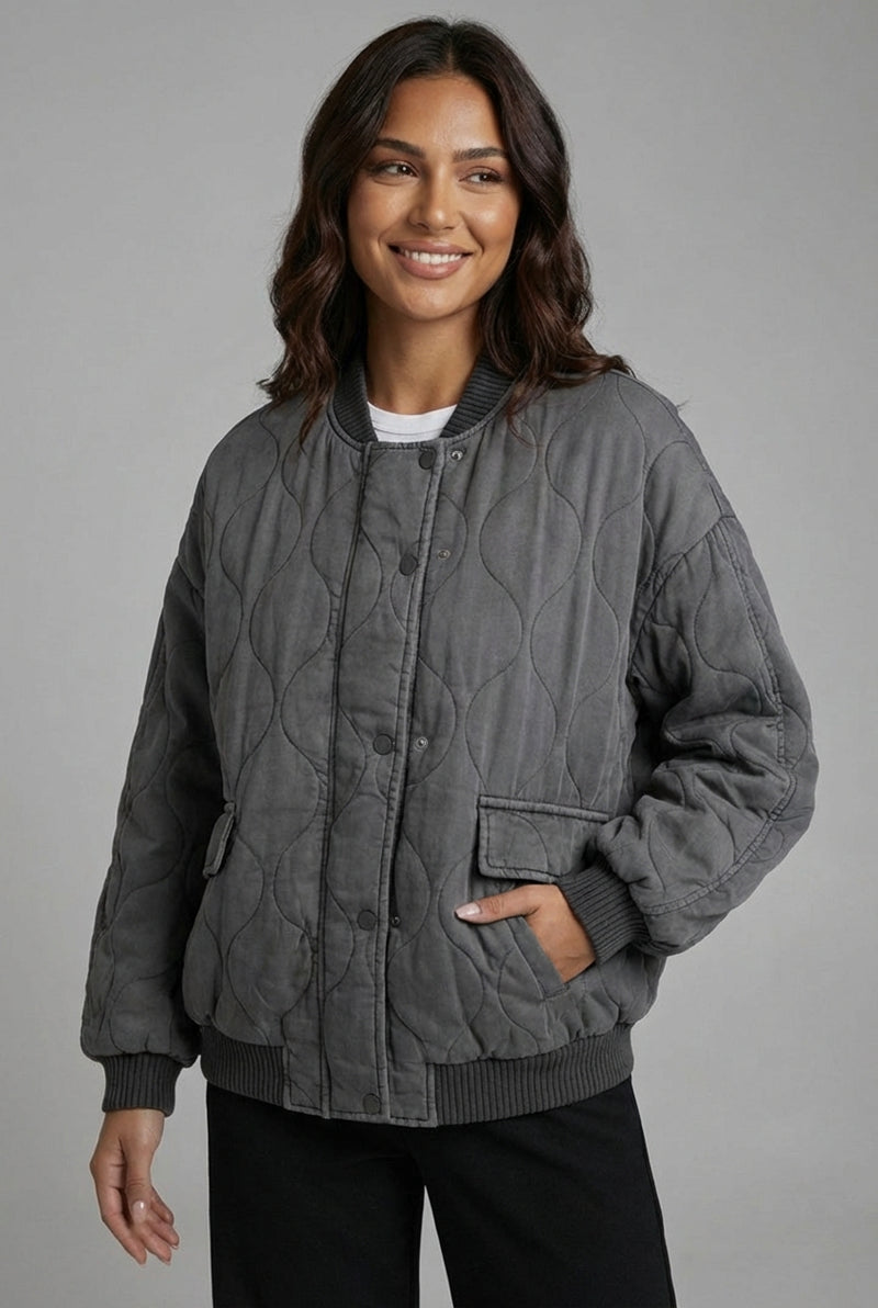 Oversized Quilted Bomber Jacket-jackets > bomber jacket-Laventaire-Gray-XS-Laventaire