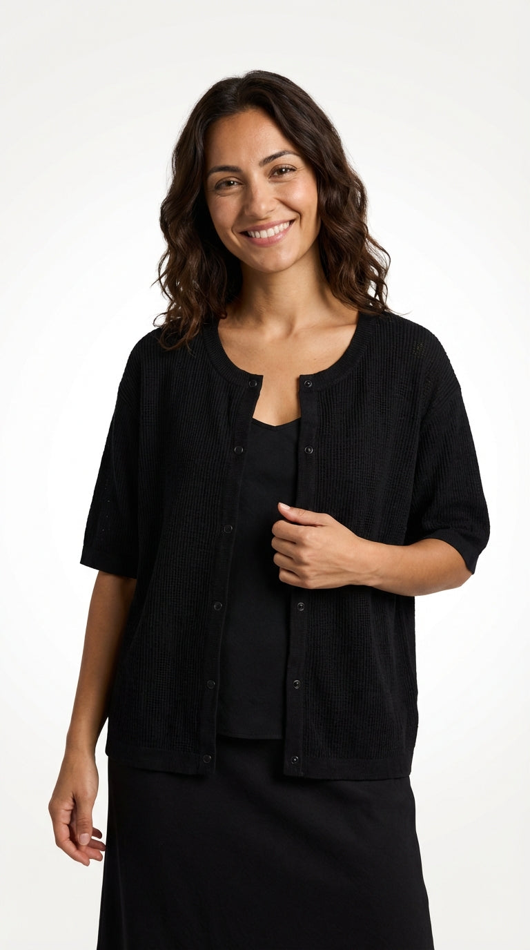 Oversized Short Sleeve Cardigan-cardigans > oversized cardigan-Laventaire-Black-S-Laventaire