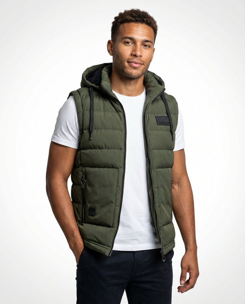 Padded Hooded Vest-outerwear > vests > padded vests-Laventaire-Army Green-S-Laventaire
