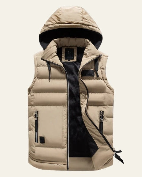 Padded Hooded Vest-outerwear > vests > padded vests-Laventaire-Beige-S-Laventaire