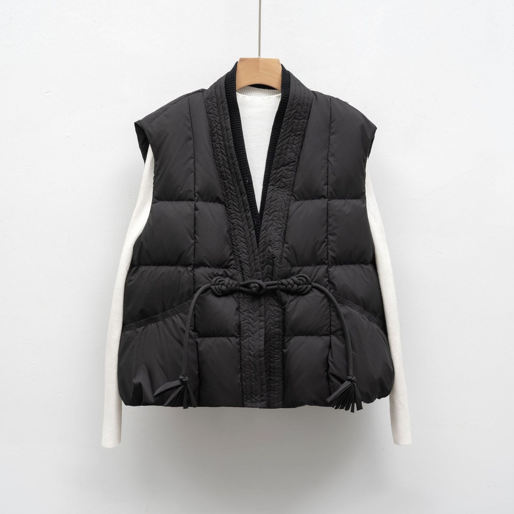 Padded Vest Tie Waist-outerwear > vests > padded vests-Laventaire-Black-S-Laventaire