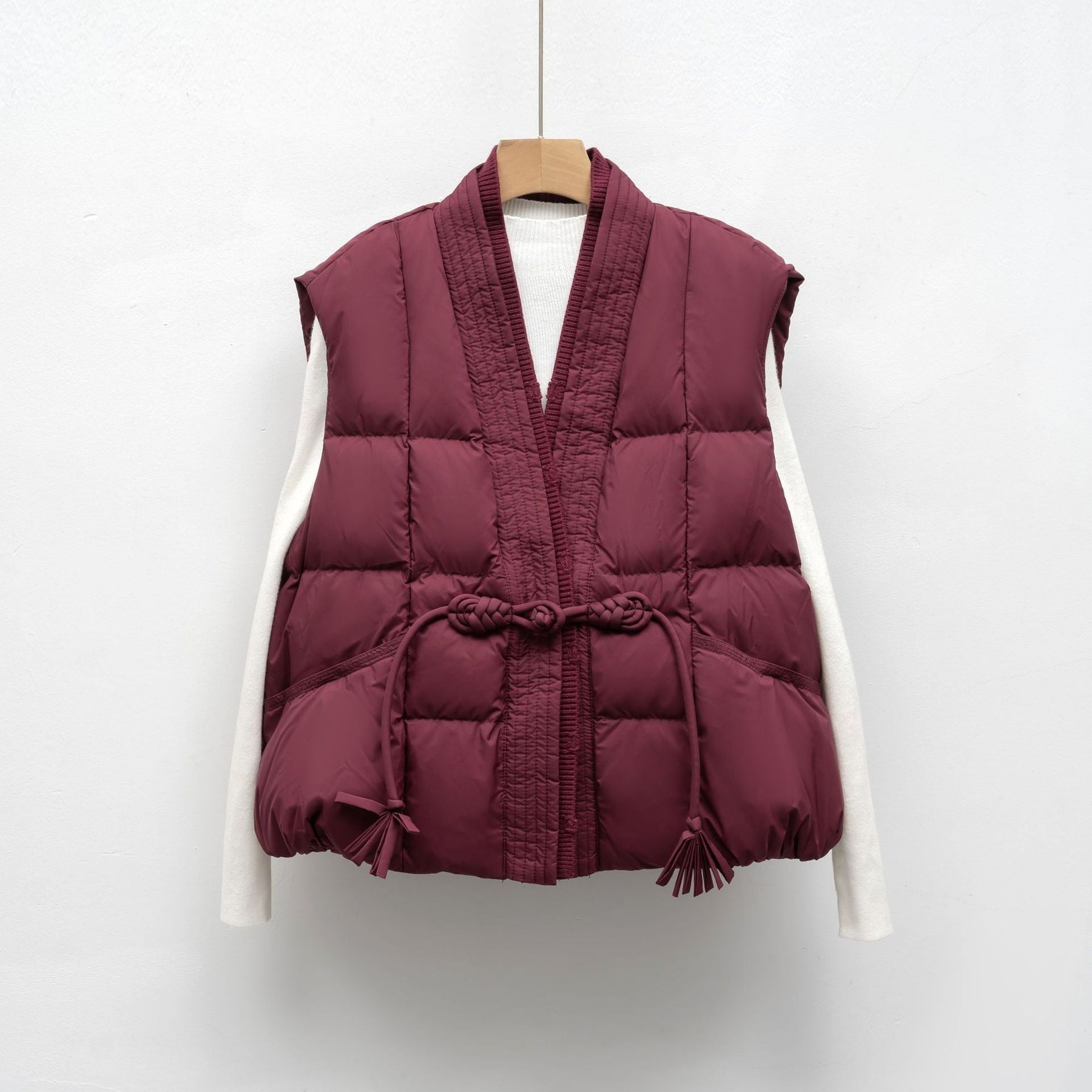 Padded Vest Tie Waist-outerwear > vests > padded vests-Laventaire-Burgundy-S-Laventaire
