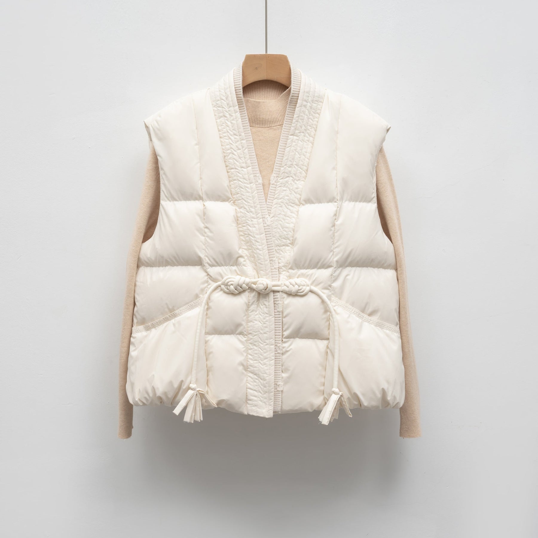 Padded Vest Tie Waist-outerwear > vests > padded vests-Laventaire-Cream-S-Laventaire