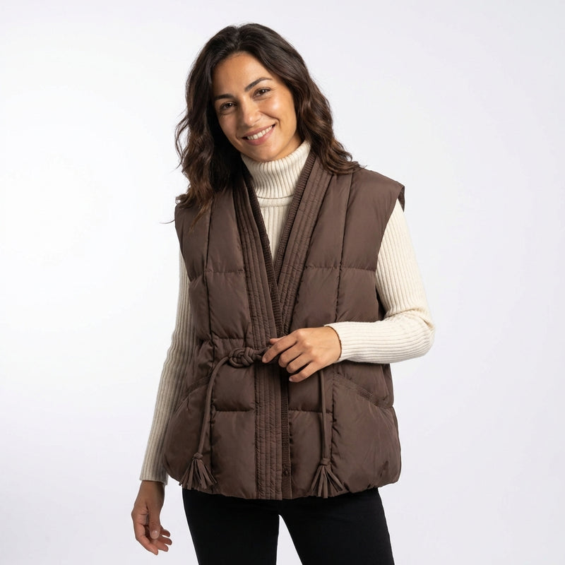 Padded Vest Tie Waist-outerwear > vests > padded vests-Laventaire-Dark Brown-S-Laventaire