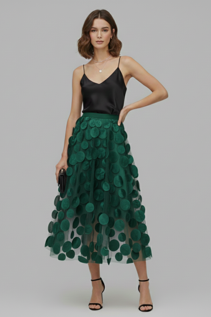 Patchwork Tulle Midi Skirt-Midi Skirts-Laventaire-Dark Green-One size-Laventaire