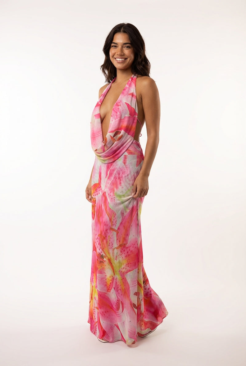 Pink Elegant Cocktail Maxi Dress-dresses > maxi dress-Laventaire-Pink-S-Laventaire
