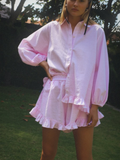 Pink Ruffle Blouse Set-sets > blouse and shorts set-Laventaire-Laventaire