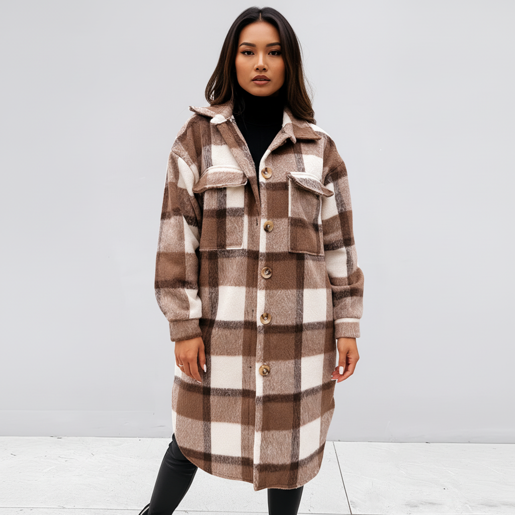 Plaid Long Coat-coats > long coats-Laventaire-Brown-S-Laventaire