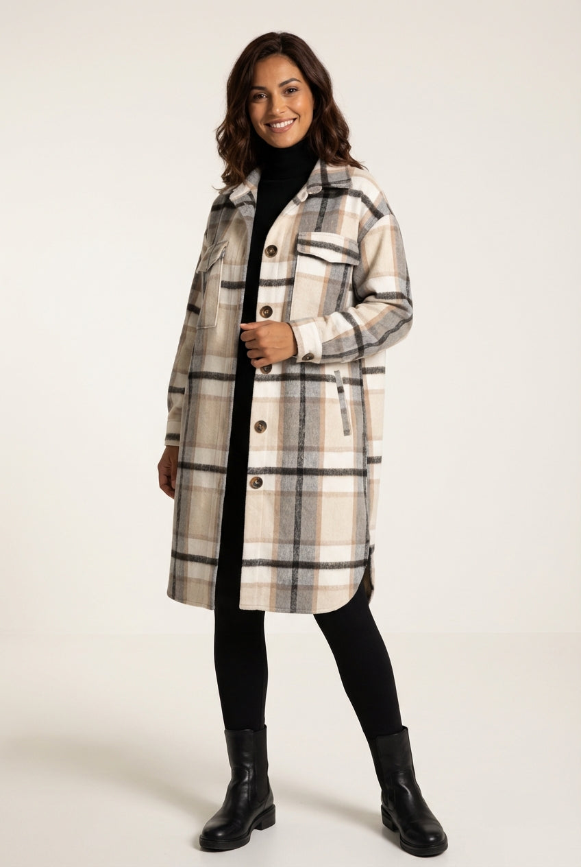 Plaid Long Coat-coats > long coats-Laventaire-Cream-S-Laventaire