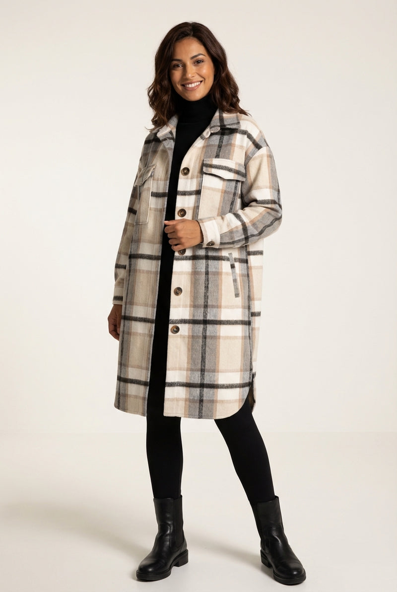 Plaid Long Coat-coats > long coats-Laventaire-Cream-S-Laventaire