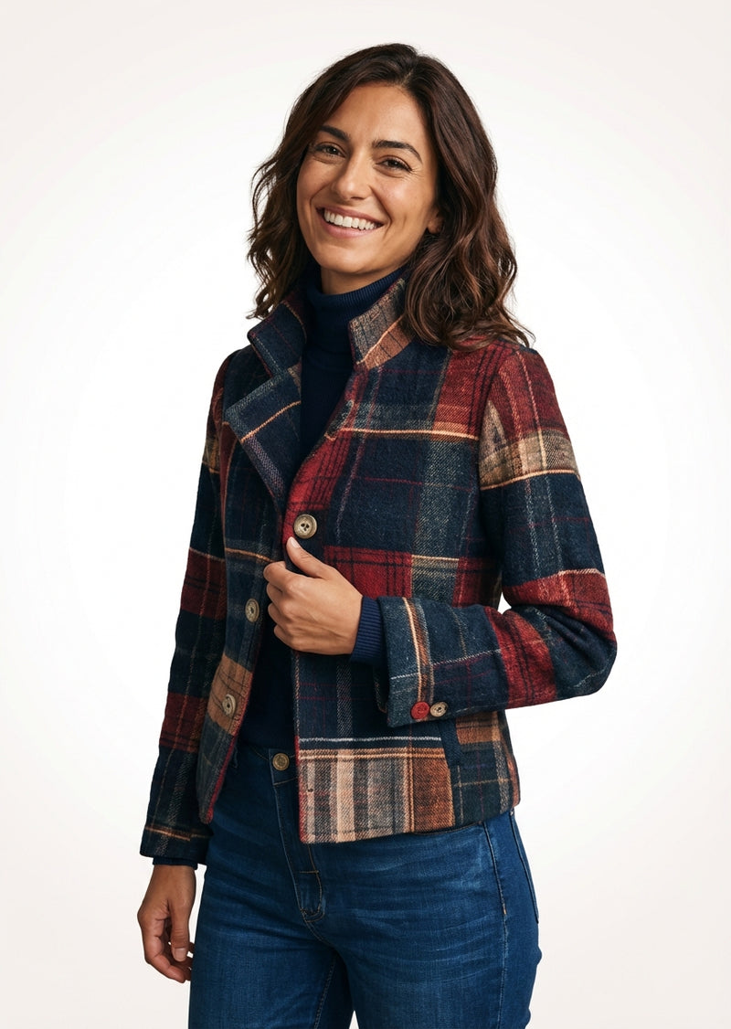 Plaid Short Buttoned Coat-coats > short coat-Laventaire-Navy Blue-S-Laventaire