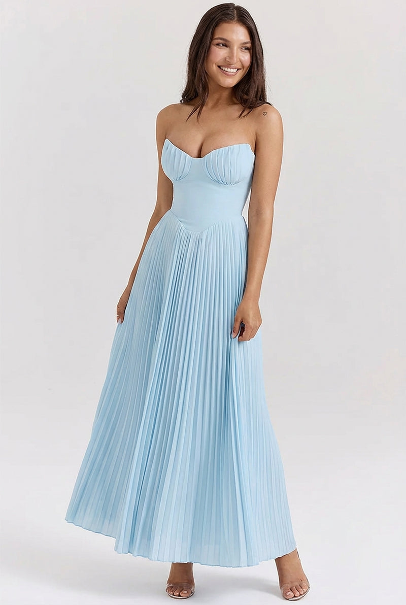 Pleated Maxi Dress-dresses > maxi dress-Laventaire-Sky Blue-XS-Laventaire