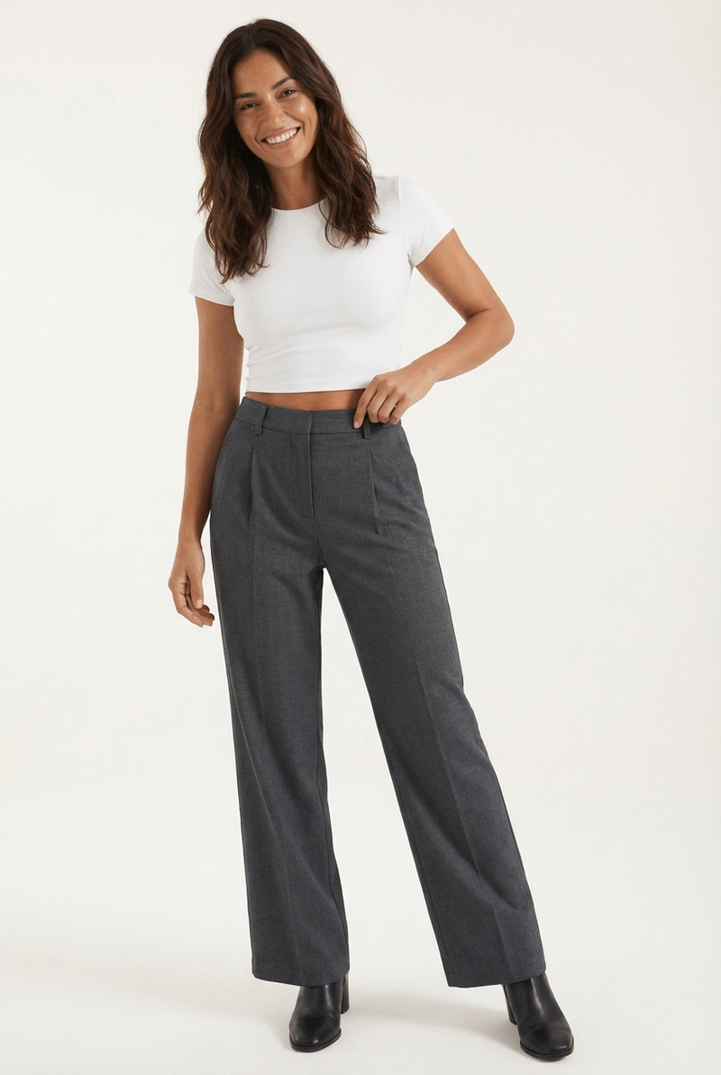 Pleated Straight Leg Trousers-trousers > straight leg trousers-Laventaire-Dark Gray-S-Laventaire