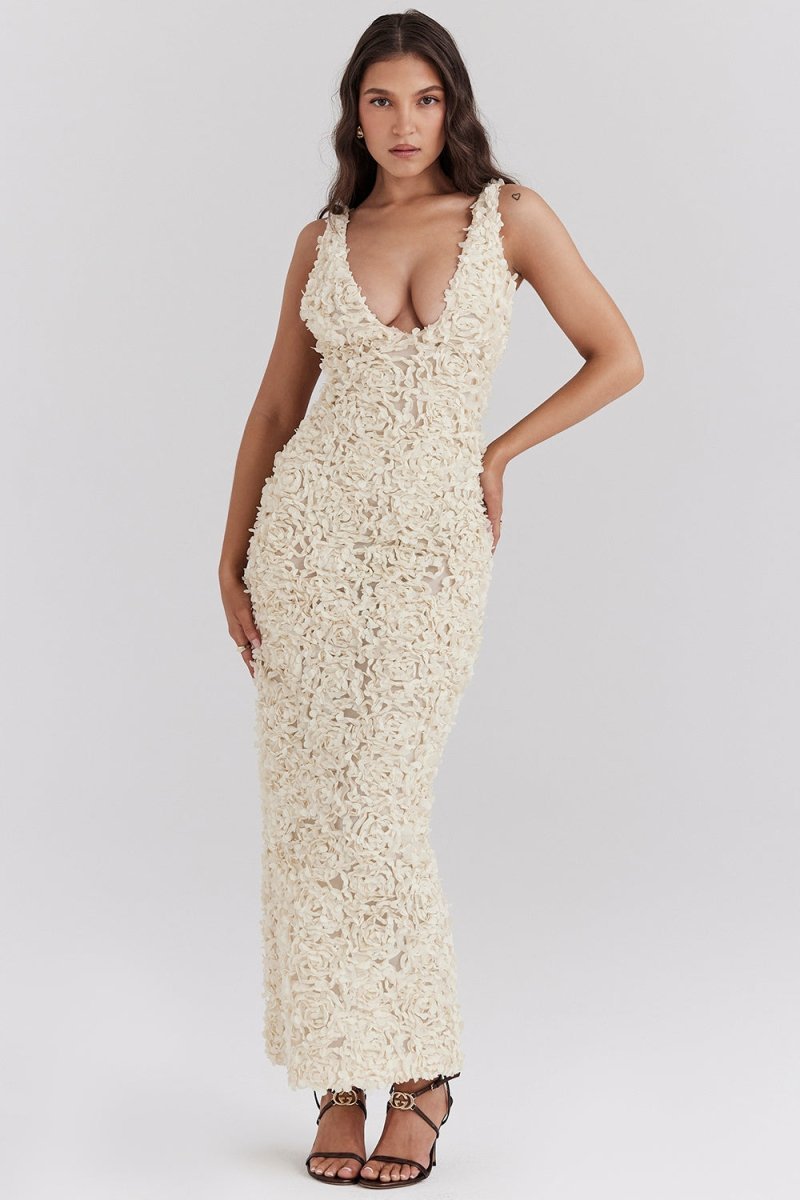Plunge Neck Bridal Maxi Dress-dresses > floral dress-Laventaire-Laventaire