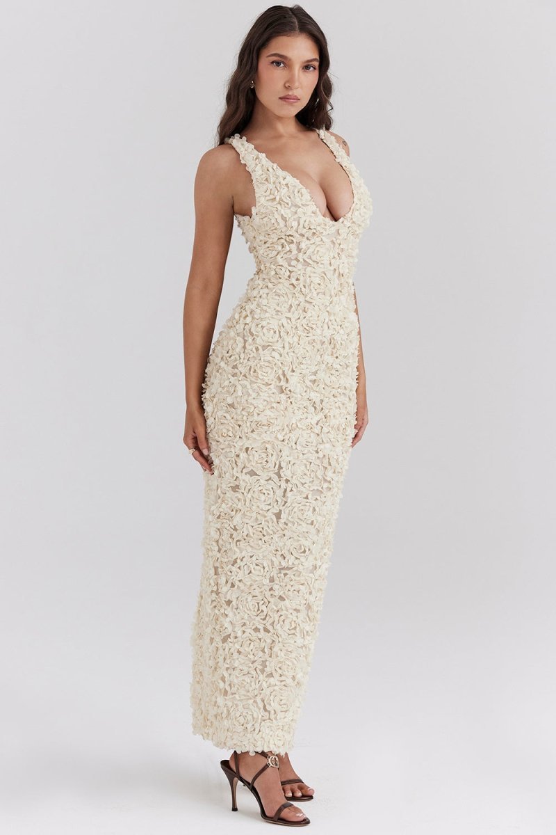 Plunge Neck Bridal Maxi Dress-dresses > floral dress-Laventaire-Laventaire