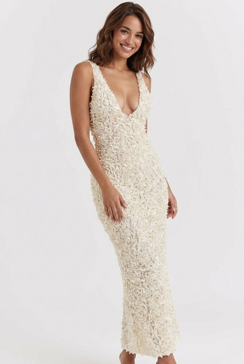Plunge Neck Bridal Maxi Dress-dresses > floral dress-Laventaire-Ivory-XS-Laventaire