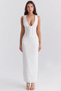 Plunge Neck White Maxi Dress-dresses > maxi dress-Laventaire-Laventaire
