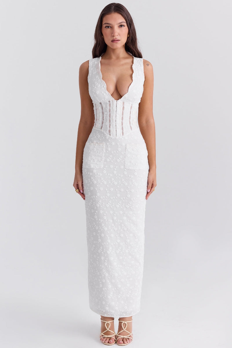 Plunge Neck White Maxi Dress-dresses > maxi dress-Laventaire-Laventaire