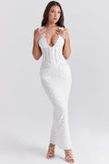 Plunge Neck White Maxi Dress-dresses > maxi dress-Laventaire-Laventaire