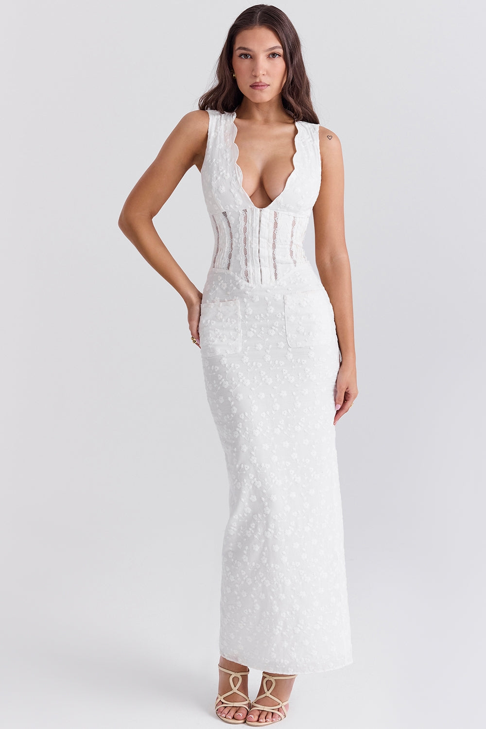 Plunge Neck White Maxi Dress-dresses > maxi dress-Laventaire-Laventaire