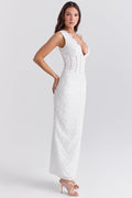Plunge Neck White Maxi Dress-dresses > maxi dress-Laventaire-Laventaire