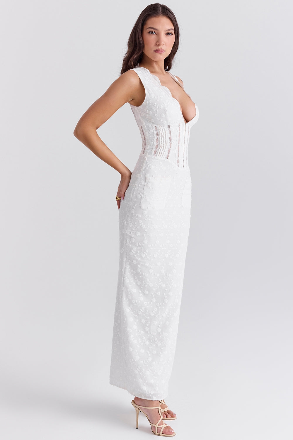 Plunge Neck White Maxi Dress-dresses > maxi dress-Laventaire-Laventaire