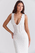 Plunge Neck White Maxi Dress-dresses > maxi dress-Laventaire-Laventaire