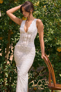 Plunge Neck White Maxi Dress-dresses > maxi dress-Laventaire-Laventaire