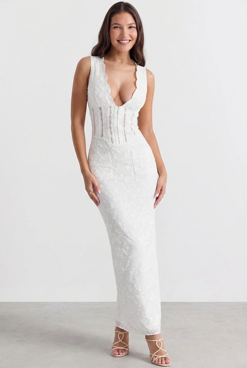 Plunge Neck White Maxi Dress-dresses > maxi dress-Laventaire-White-XS-Laventaire