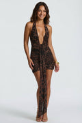 Plunging Neck Mini Dress-dresses > mini dress-Laventaire-Animal Print-XS-Laventaire