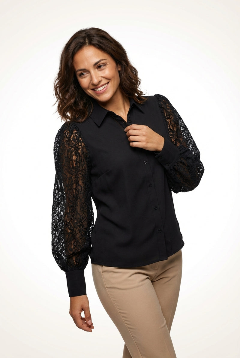 Puff Sleeve Blouse Top-tops > blouses-Laventaire-Black-S-Laventaire