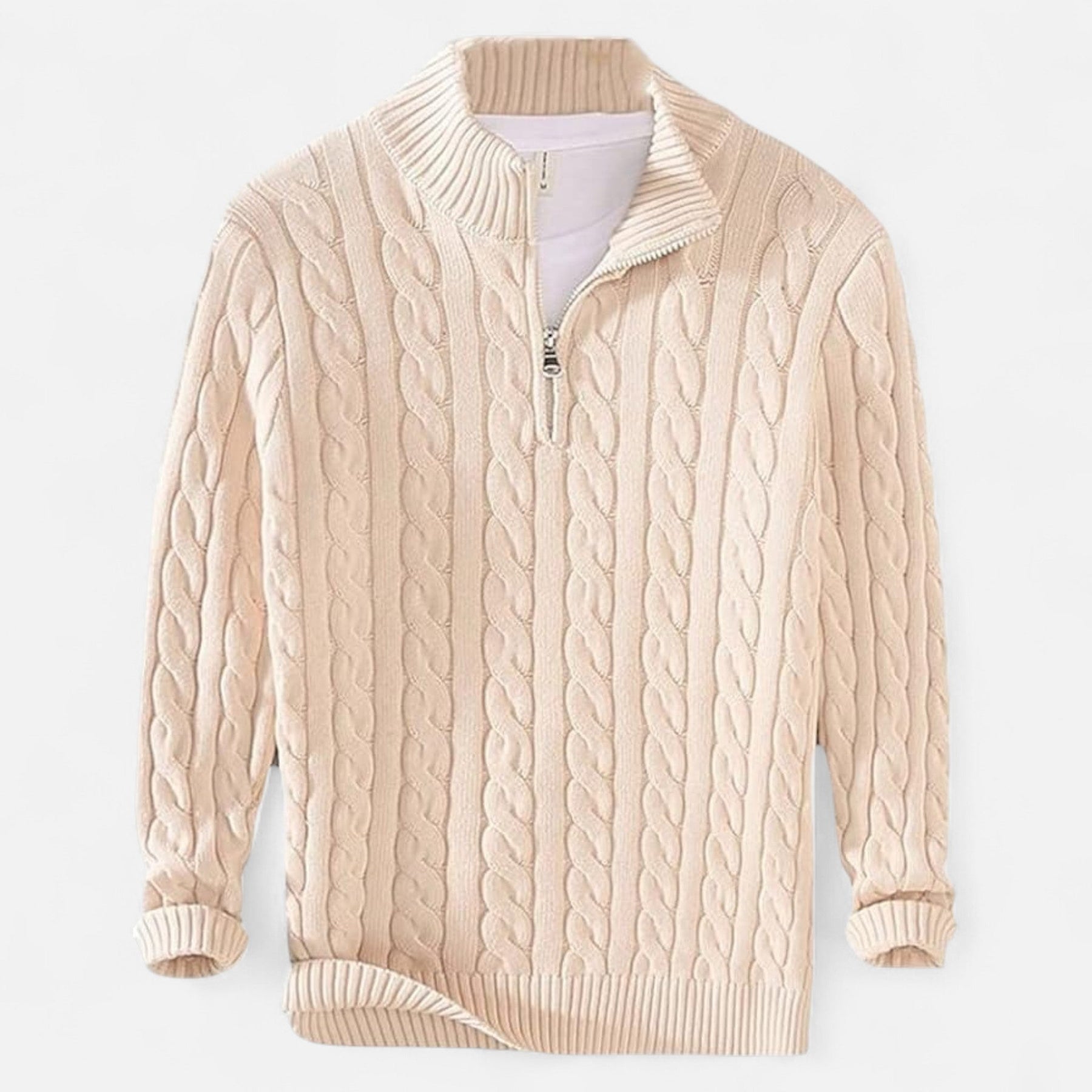 Quarter-Zip Casual Sweater-sweaters > quarter-zip sweater-Laventaire-Beige-S-Laventaire
