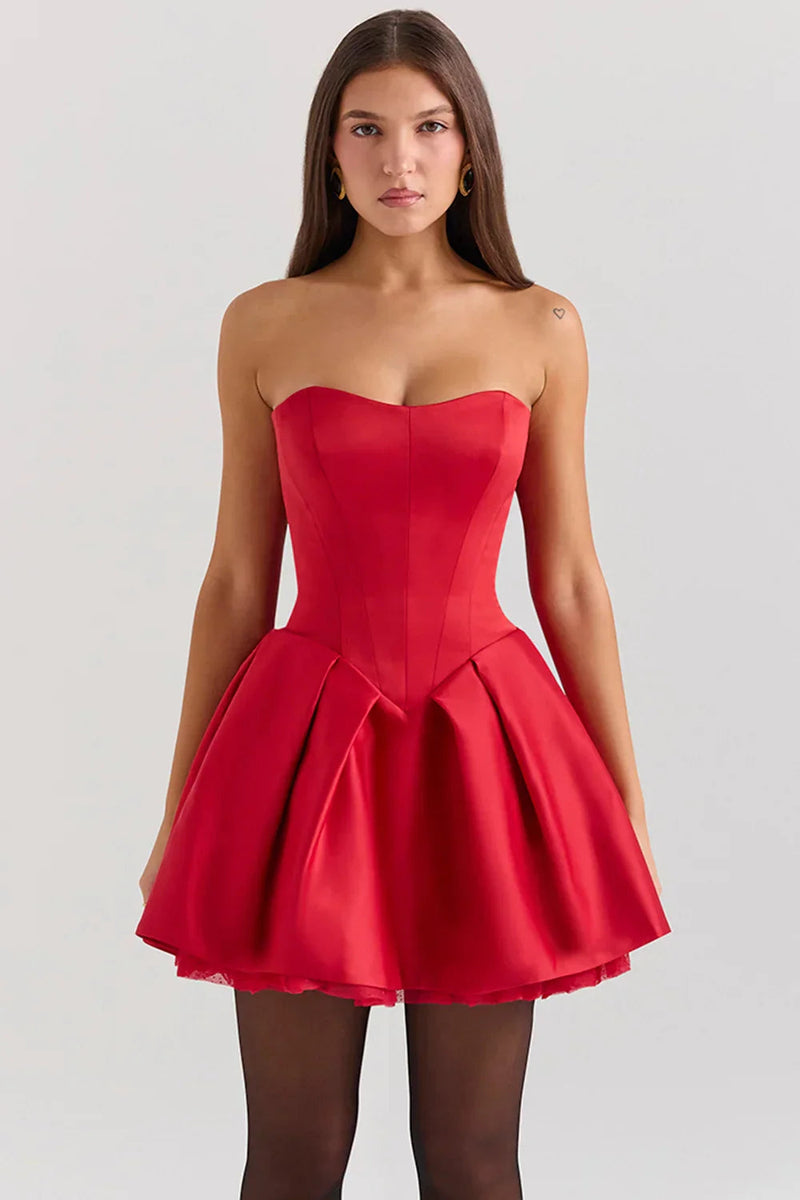 Red Strapless Mini Cocktail Dress-dresses > cocktail dresses > strapless cocktail dresses-Laventaire-Laventaire