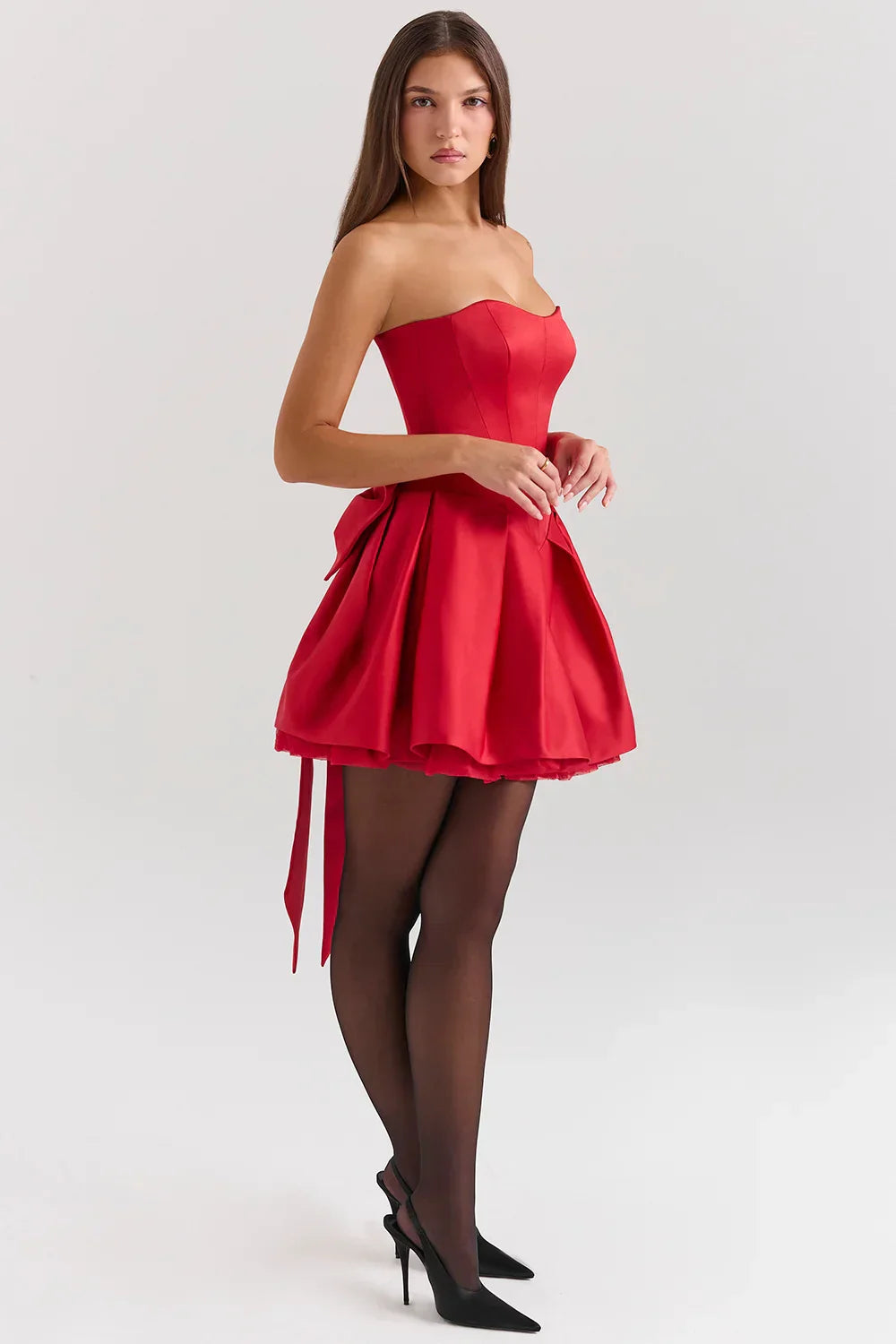 Red Strapless Mini Cocktail Dress-dresses > cocktail dresses > strapless cocktail dresses-Laventaire-Laventaire