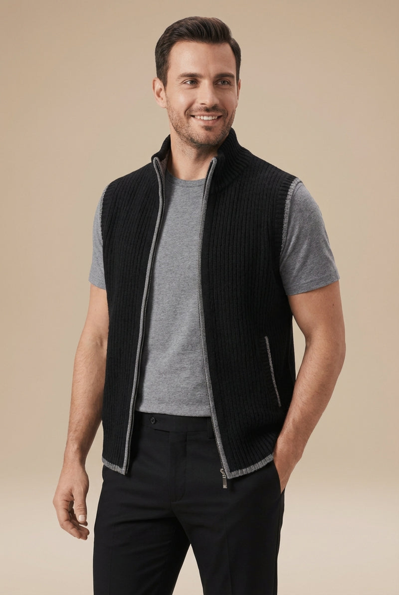 Regular Fit Zip Vest-menswear > vests > knitted vests-Laventaire-Black-M-Laventaire