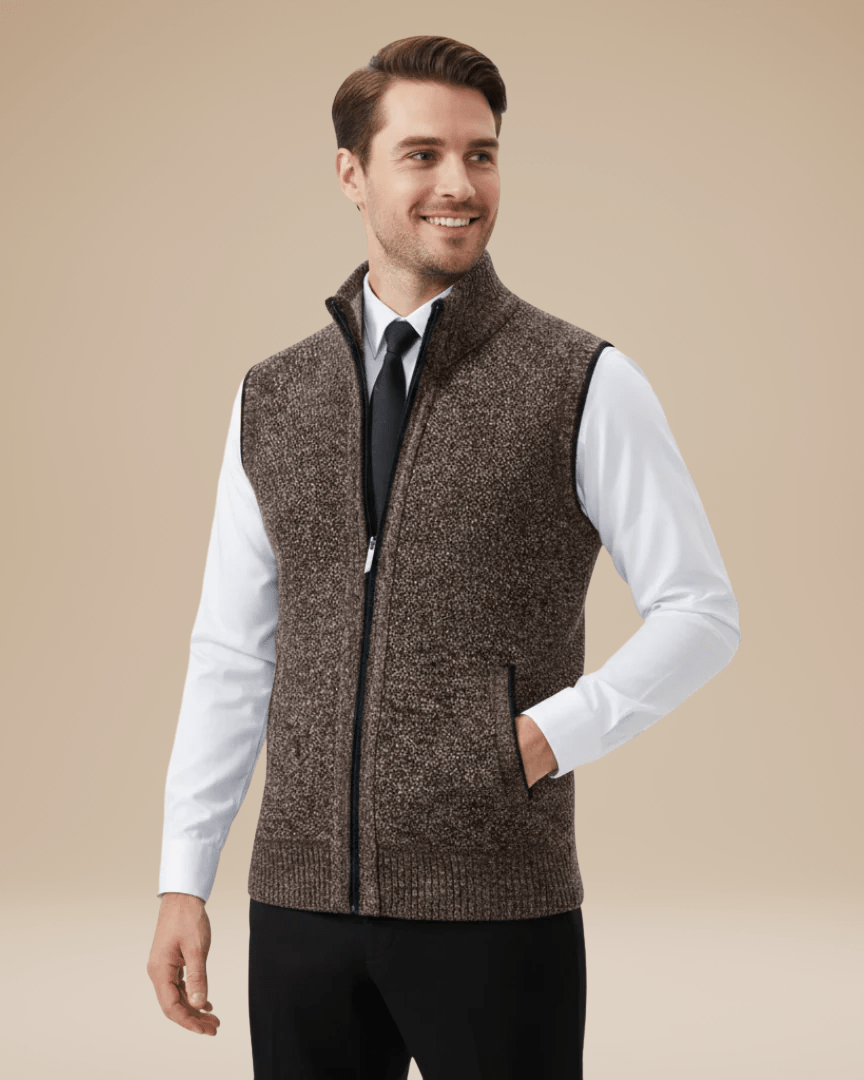 Regular Fit Zip Vest-menswear > vests > knitted vests-Laventaire-Brown-M-Laventaire