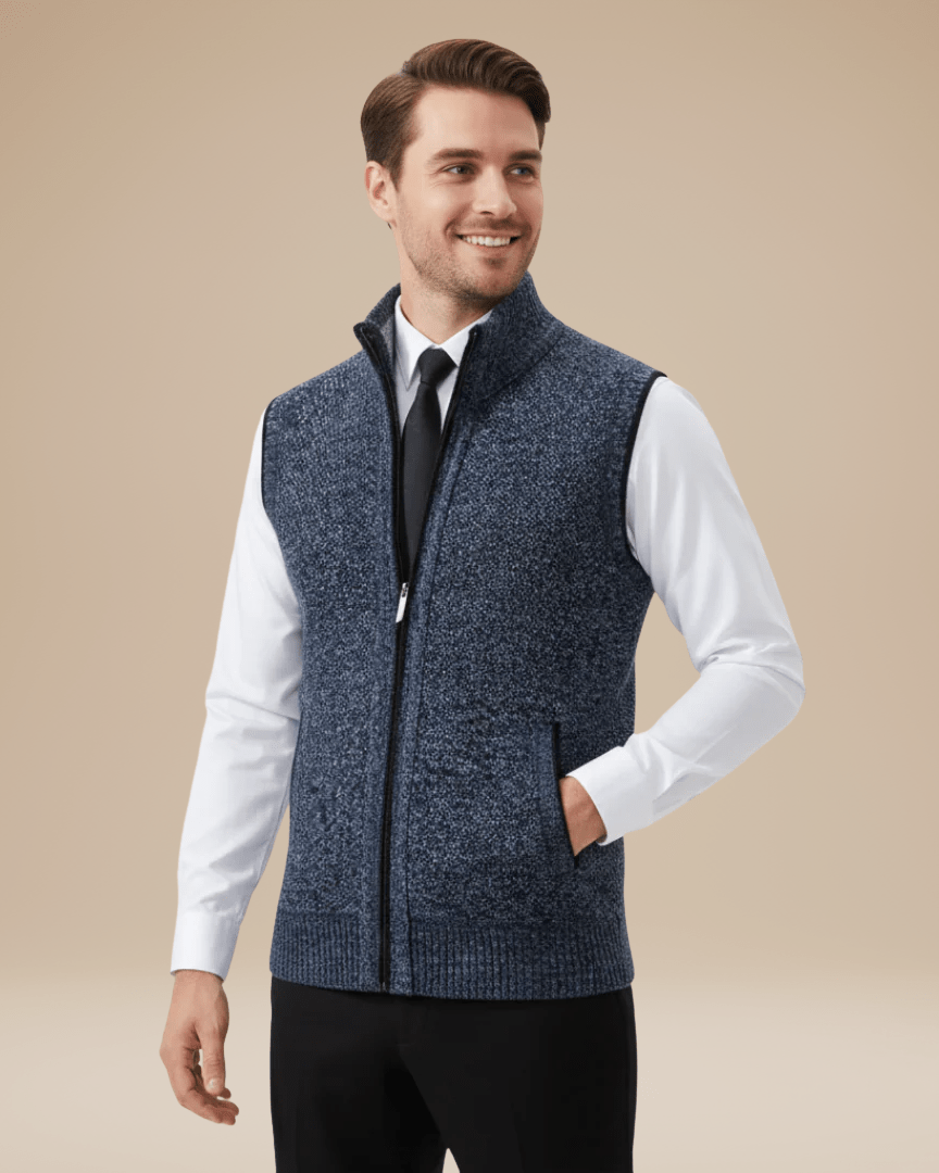 Regular Fit Zip Vest-menswear > vests > knitted vests-Laventaire-Navy Blue-M-Laventaire
