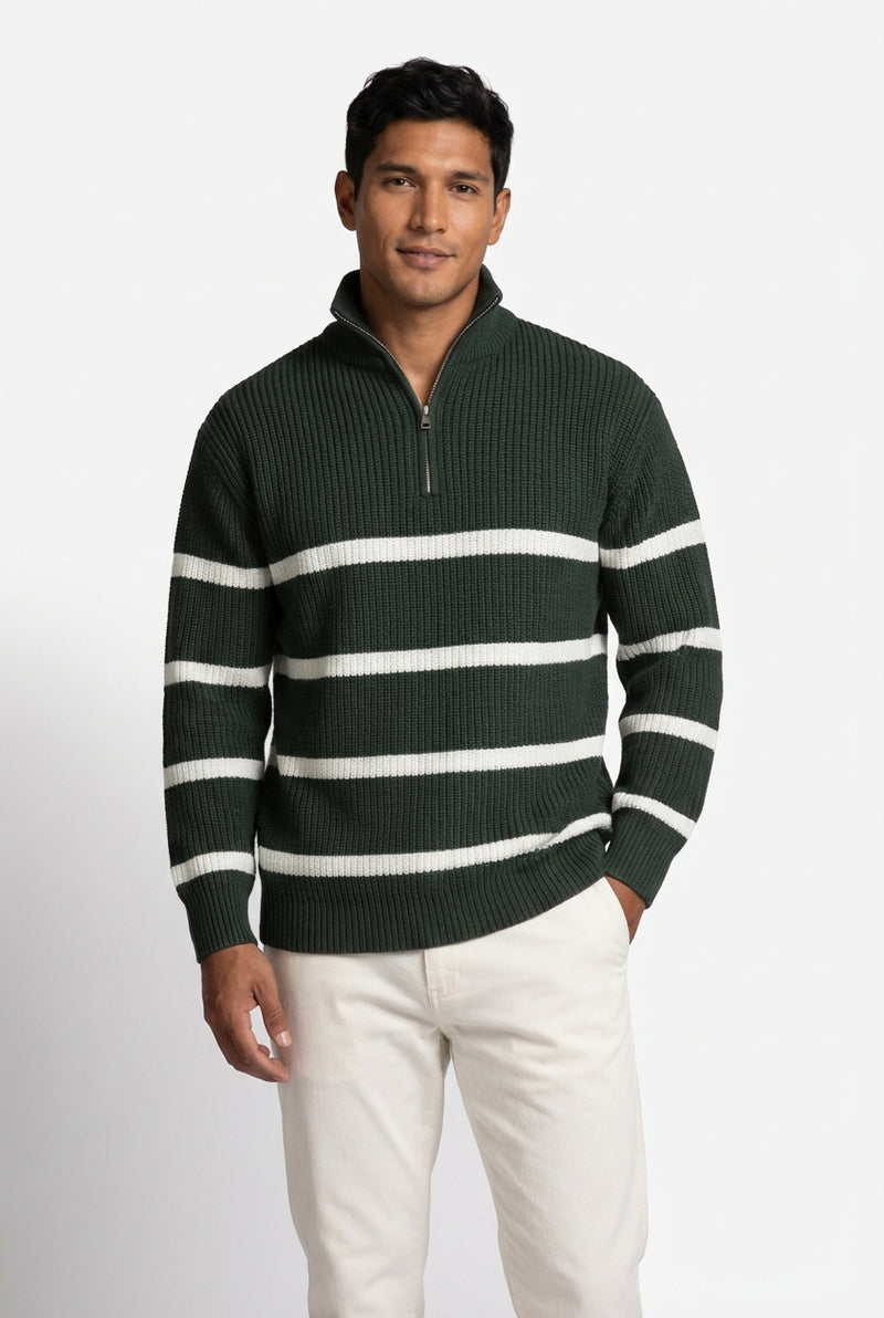 Relaxed Fit Quarter-Zip Sweater-sweaters > quarter-zip sweater-Laventaire-Dark Green-M-Laventaire