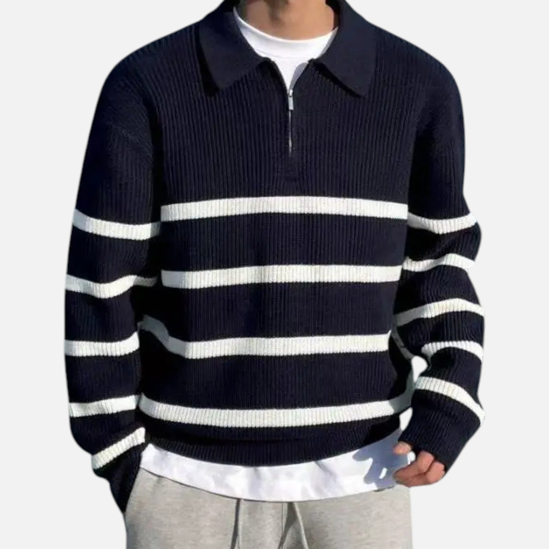 Relaxed Fit Quarter-Zip Sweater-sweaters > quarter-zip sweater-Laventaire-Navy Blue-M-Laventaire