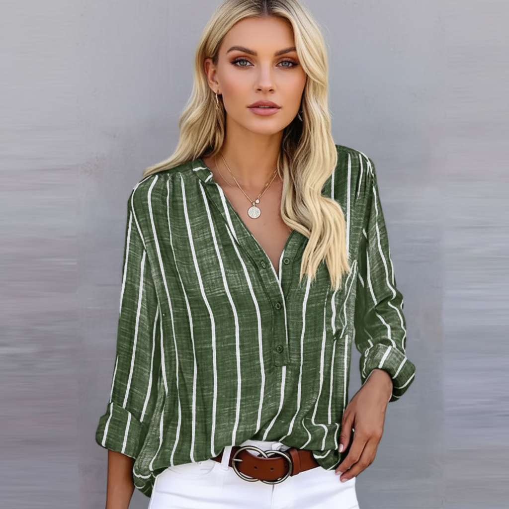 Relaxed Fit Stripe Blouse-tops > blouses-Laventaire-Green-S-Laventaire