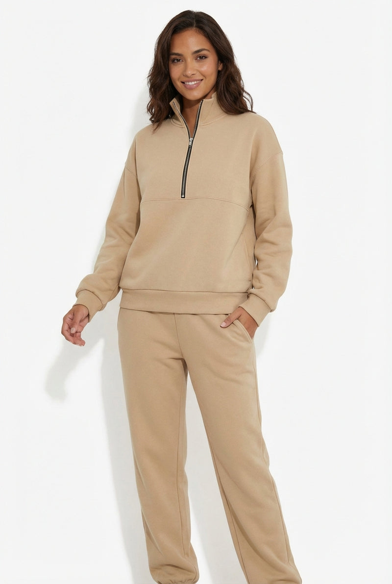 Relaxed Zip Loungewear Set-loungewear > loungewear set-Laventaire-Beige-S-Laventaire