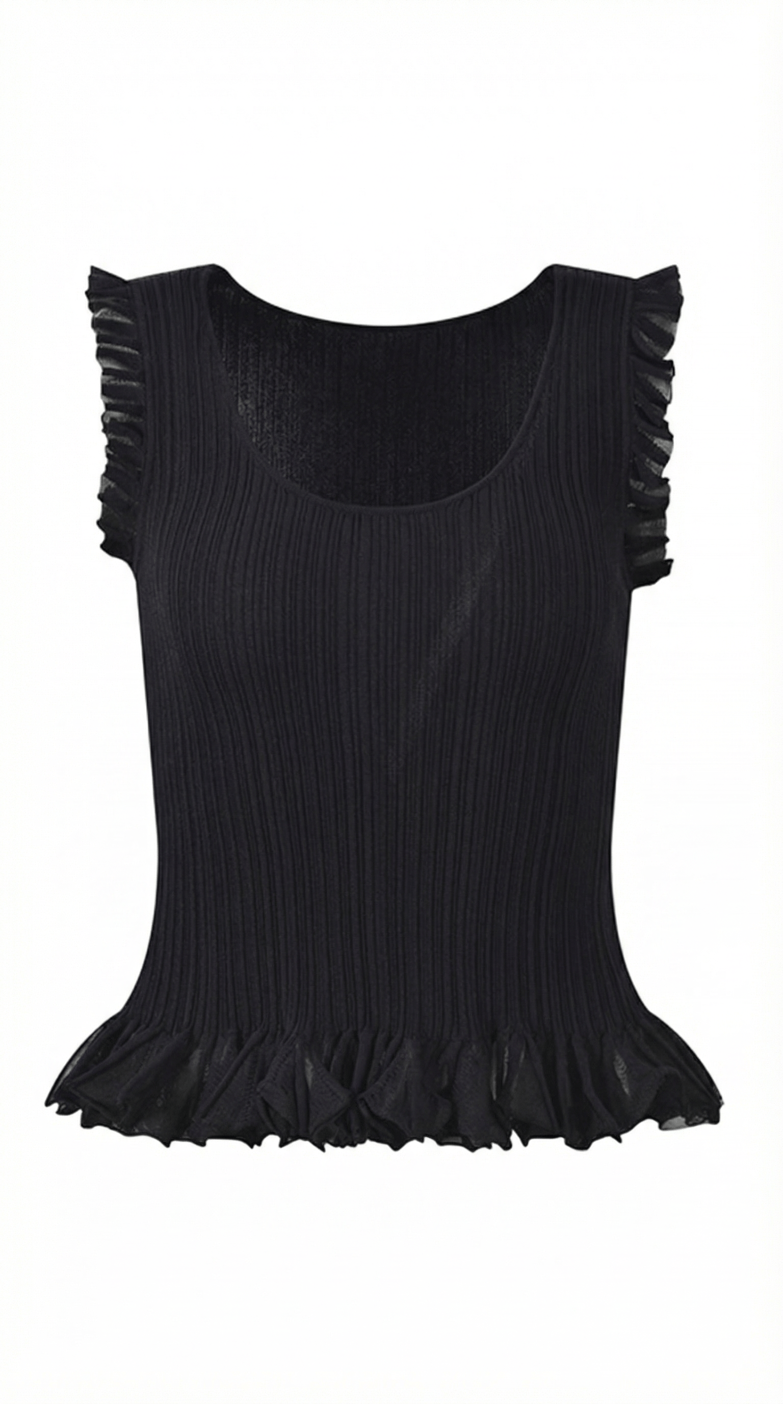 Ribbed Ruffle Sleeve Top-tops > ruffle sleeve top-Laventaire-Laventaire