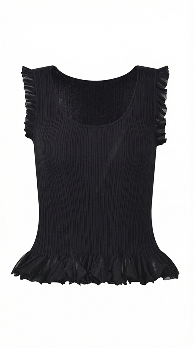 Ribbed Ruffle Sleeve Top-tops > ruffle sleeve top-Laventaire-Laventaire