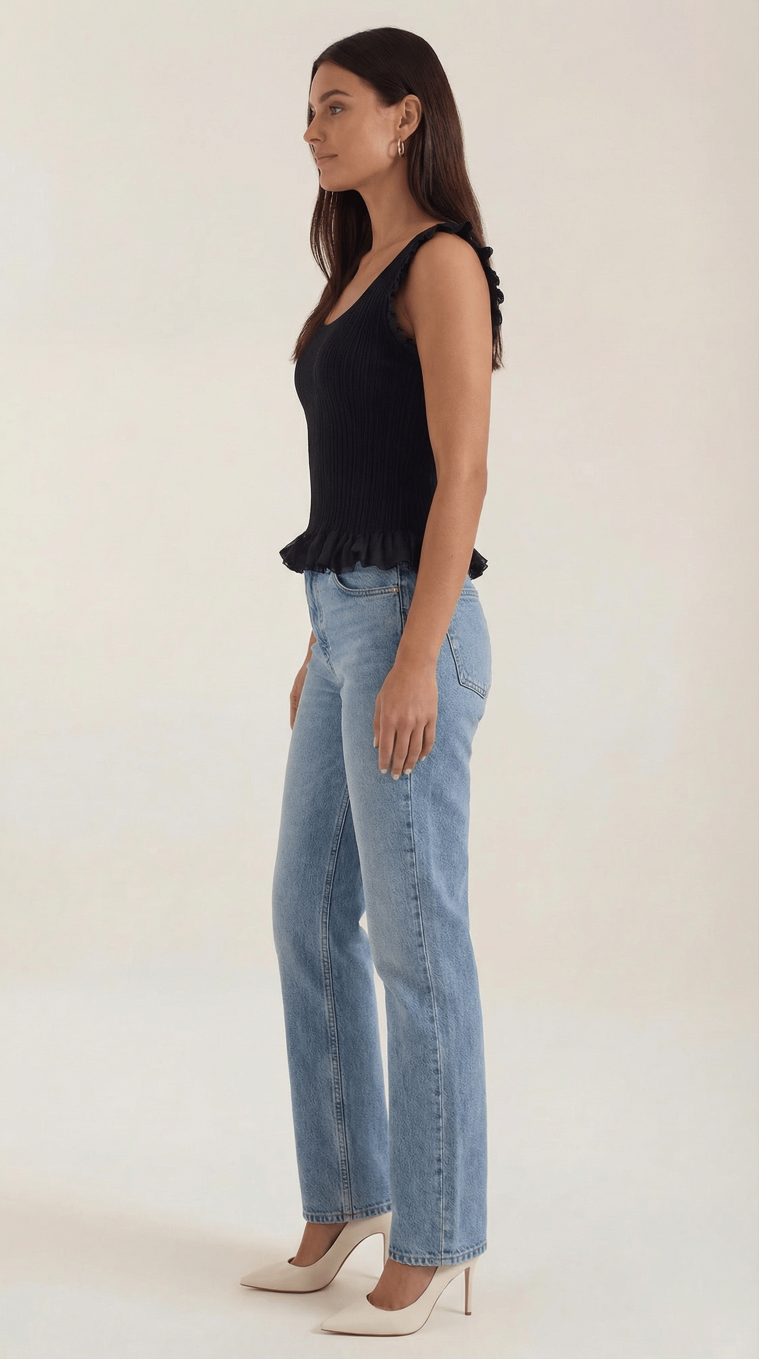 Ribbed Ruffle Sleeve Top-tops > ruffle sleeve top-Laventaire-Laventaire