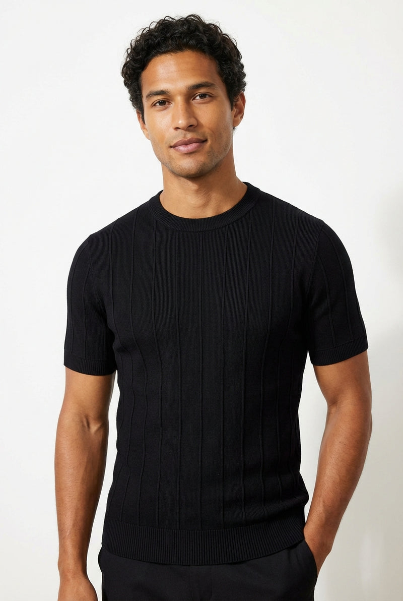Ribbed Short Sleeve Top-tops > short sleeve tops-Laventaire-Black-M-Laventaire