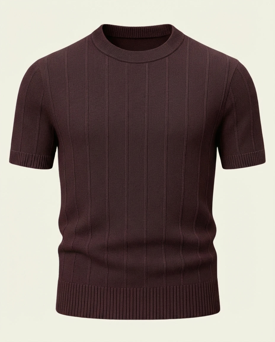 Ribbed Short Sleeve Top-tops > short sleeve tops-Laventaire-Burgundy Brown-M-Laventaire